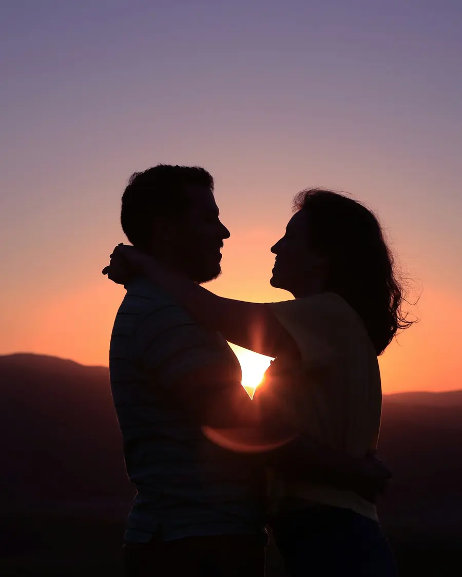 Casal de mãos dadas ao pôr do sol